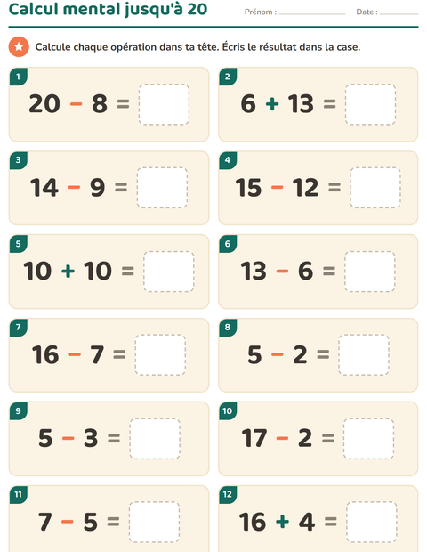 Aperçu de la fiche Calcul mental pour CP (cours préparatoire)