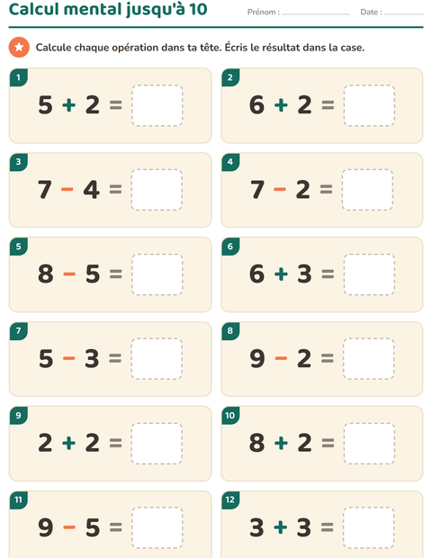 Aperçu de la fiche Calcul mental pour CP (cours préparatoire)
