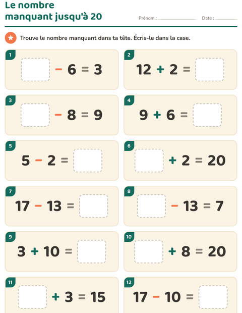 Aperçu de la fiche Calcul mental pour CP (cours préparatoire)