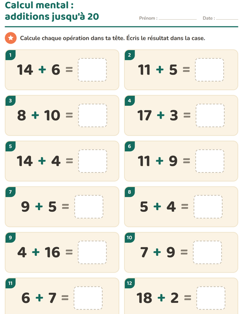 Aperçu de la fiche Calcul mental pour CP (cours préparatoire)