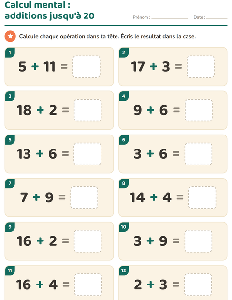 Aperçu de la fiche Calcul mental pour CP (cours préparatoire)