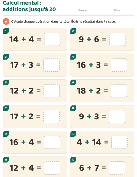 Aperçu de la fiche Calcul mental pour CP (cours préparatoire)