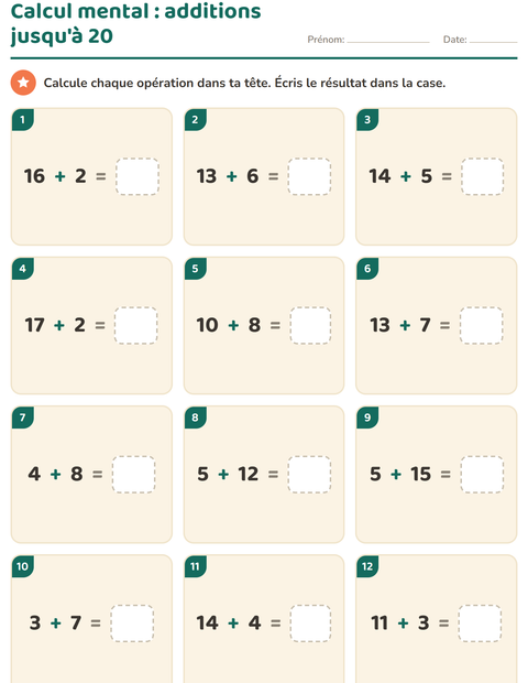 Additions jusqu'à 20 en calcul mental