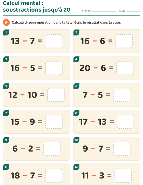 Aperçu de la fiche Calcul mental pour CP (cours préparatoire)