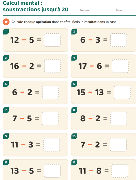 Aperçu de la fiche Calcul mental pour CP (cours préparatoire)
