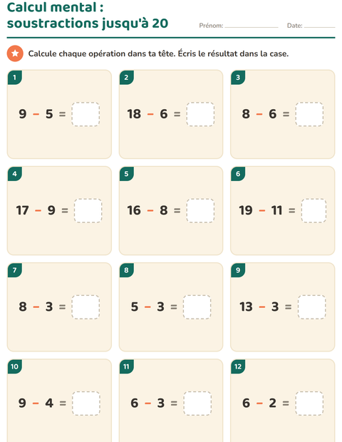 Soustractions jusqu'à 20 en calcul mental