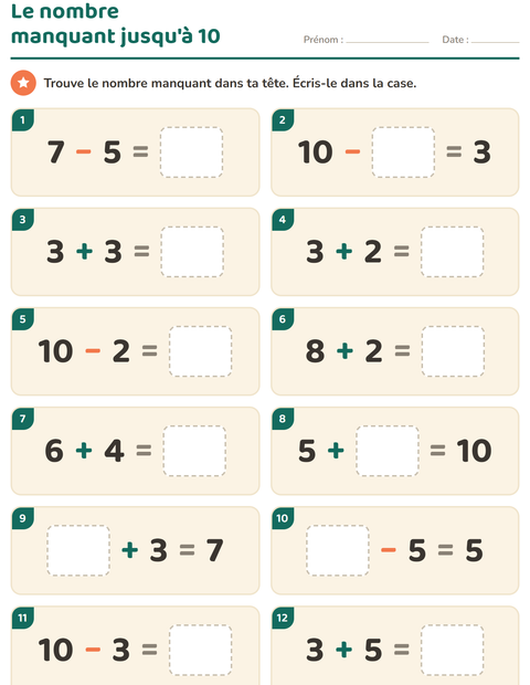 Aperçu de la fiche Calcul mental pour CP (cours préparatoire)