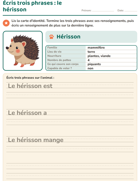 Carte d'identité de l'animal : écris trois phrases
