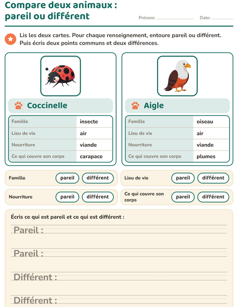 Compare deux animaux : pareil ou différent