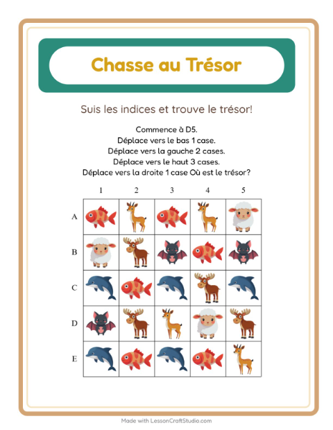 Aperçu de la fiche Chasse Au Trésor avec Animaux pour CP (cours préparatoire)
