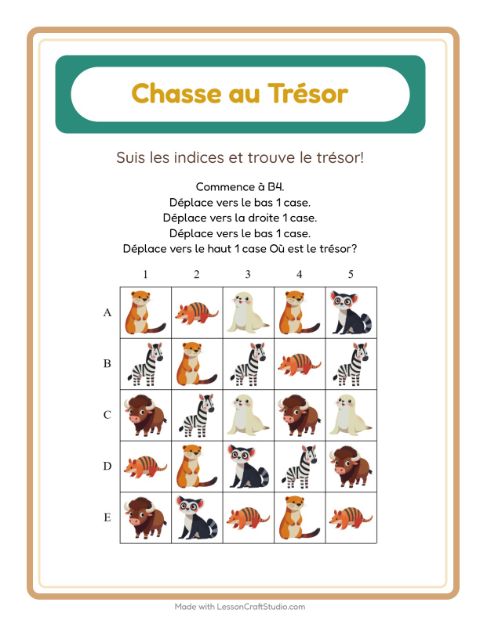 Aperçu de la fiche Chasse Au Trésor avec Animaux du zoo pour CP (cours préparatoire)