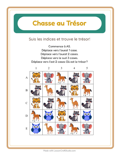 Aperçu de la fiche Chasse Au Trésor avec Animaux pour CP (cours préparatoire)