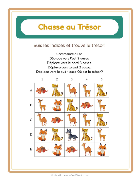 Aperçu de la fiche Chasse Au Trésor avec Animaux du zoo pour CP (cours préparatoire)