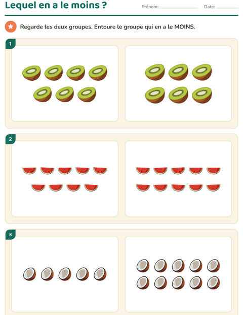 Aperçu de la fiche Comparer les quantités avec Fruits pour École maternelle (grande section, 5-7 ans)