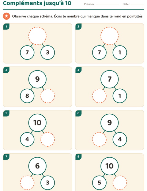 Aperçu de la fiche Compléments à 10 pour École maternelle (grande section, 5-7 ans)
