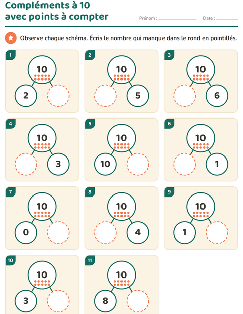 Aperçu de la fiche Compléments à 10 pour École maternelle (grande section, 5-7 ans)