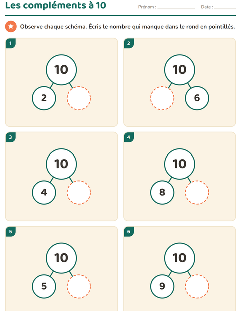 Aperçu de la fiche Compléments à 10 pour École maternelle (grande section, 5-7 ans)
