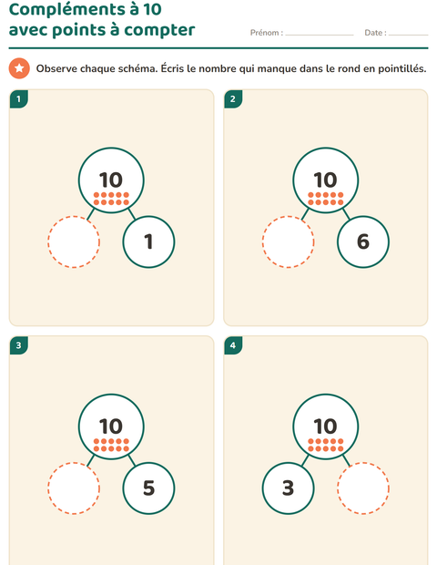 Aperçu de la fiche Compléments à 10 pour École maternelle (grande section, 5-7 ans)