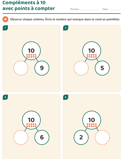 Aperçu de la fiche Compléments à 10 pour École maternelle (grande section, 5-7 ans)