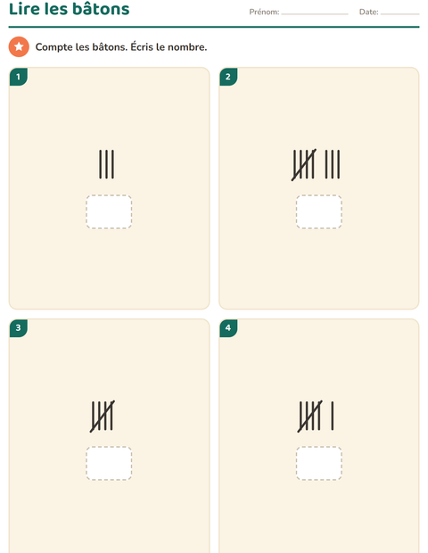 Aperçu de la fiche Comptage en bâtons pour École maternelle (grande section, 5-7 ans)