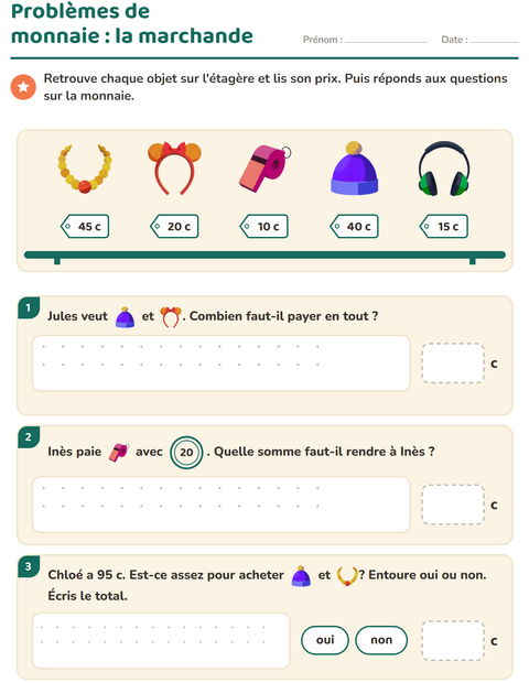 Aperçu de la fiche Compter la monnaie avec Accessoires pour CE1 (cours élémentaire 1)