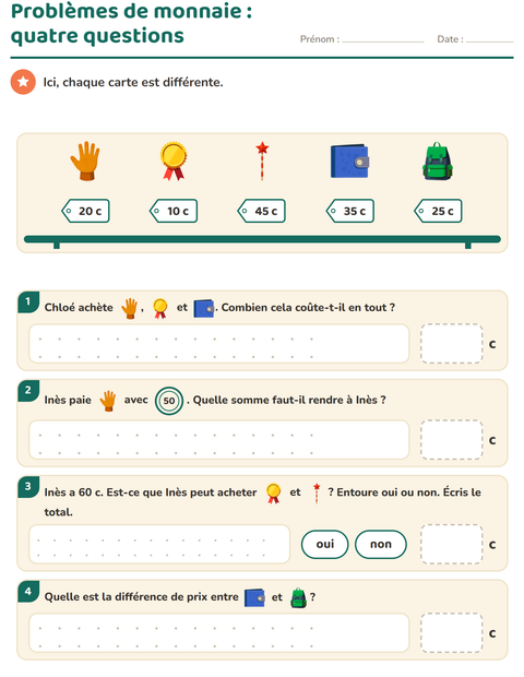 Aperçu de la fiche Compter la monnaie avec Accessoires pour CE1 (cours élémentaire 1)