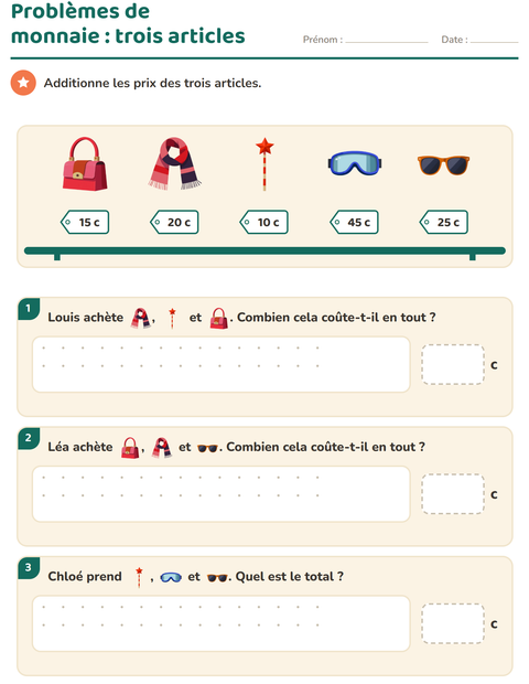 Aperçu de la fiche Compter la monnaie avec Accessoires pour CE1 (cours élémentaire 1)