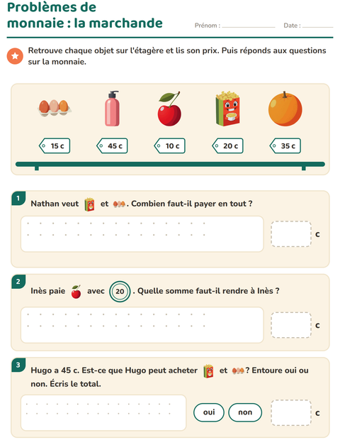 Aperçu de la fiche Compter la monnaie avec Au supermarché pour CE1 (cours élémentaire 1)