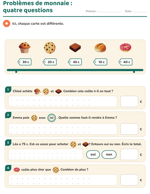 Aperçu de la fiche Compter la monnaie avec Boulangerie pour CE1 (cours élémentaire 1)
