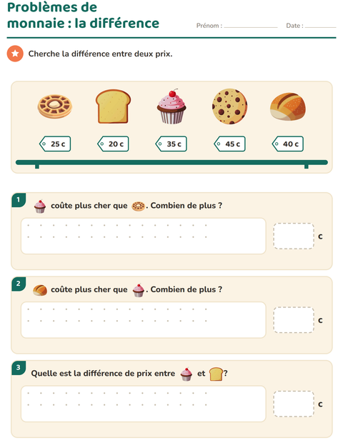 Aperçu de la fiche Compter la monnaie avec Boulangerie pour CE1 (cours élémentaire 1)