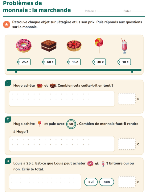 Aperçu de la fiche Compter la monnaie avec Desserts et sucreries pour CE1 (cours élémentaire 1)