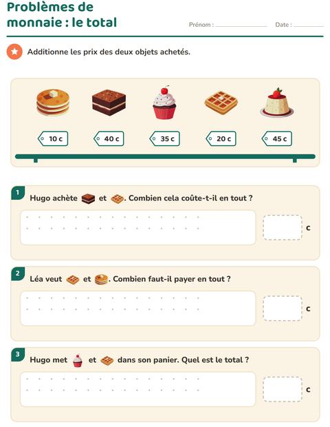 Aperçu de la fiche Compter la monnaie avec Desserts et sucreries pour CE1 (cours élémentaire 1)