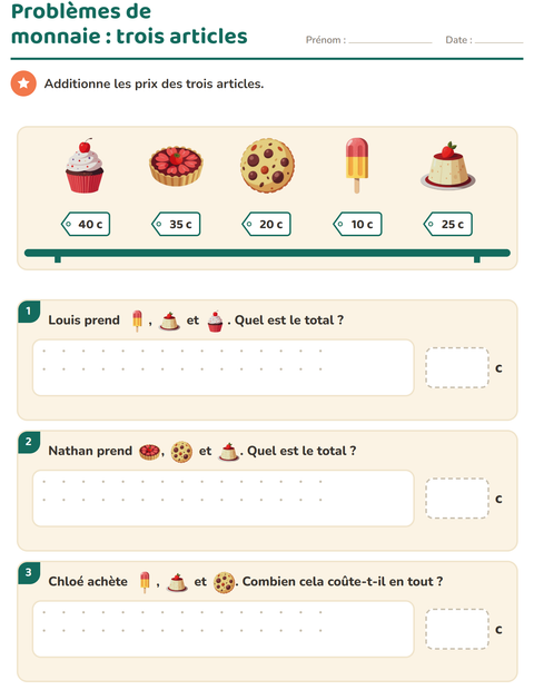 Aperçu de la fiche Compter la monnaie avec Desserts et sucreries pour CE1 (cours élémentaire 1)