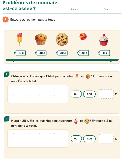 Aperçu de la fiche Compter la monnaie avec Desserts et sucreries pour CE1 (cours élémentaire 1)