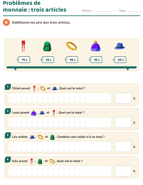 Aperçu de la fiche Compter la monnaie avec Accessoires pour CE1 (cours élémentaire 1)