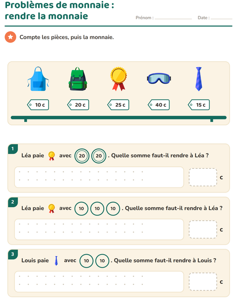 Aperçu de la fiche Compter la monnaie avec Accessoires pour CE1 (cours élémentaire 1)