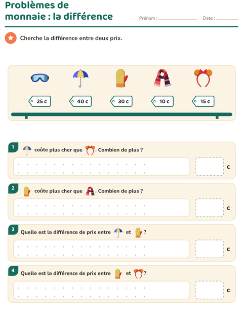 Aperçu de la fiche Compter la monnaie avec Accessoires pour CE1 (cours élémentaire 1)