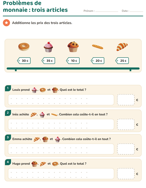 Aperçu de la fiche Compter la monnaie avec Boulangerie pour CE1 (cours élémentaire 1)