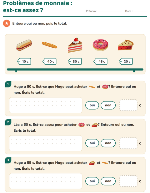 Aperçu de la fiche Compter la monnaie avec Boulangerie pour CE1 (cours élémentaire 1)
