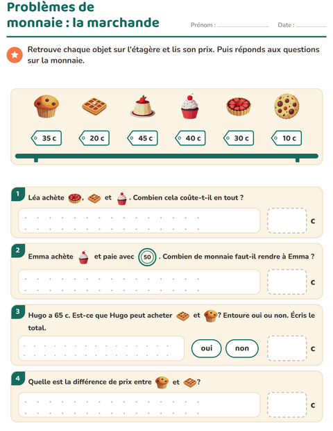 Aperçu de la fiche Compter la monnaie avec Desserts et sucreries pour CE1 (cours élémentaire 1)