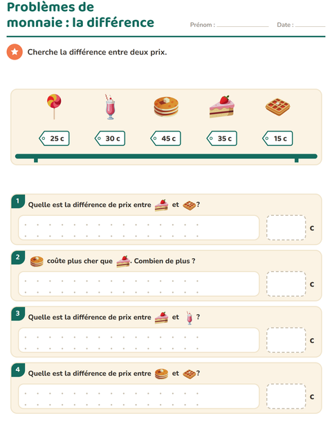 Aperçu de la fiche Compter la monnaie avec Desserts et sucreries pour CE1 (cours élémentaire 1)
