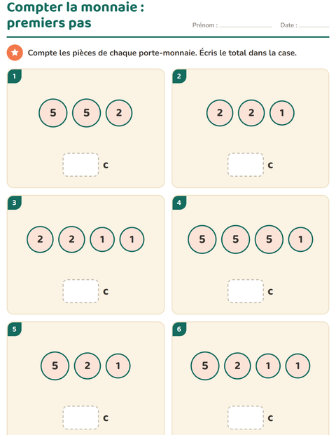 Aperçu de la fiche Compter la monnaie pour CP (cours préparatoire)