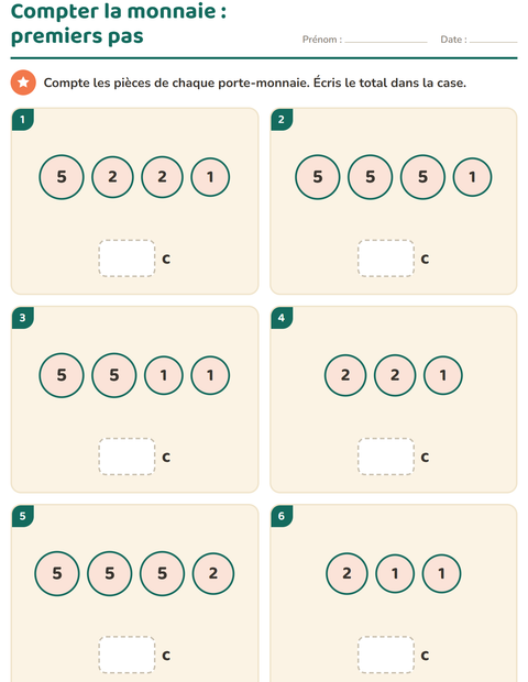 Aperçu de la fiche Compter la monnaie pour CP (cours préparatoire)