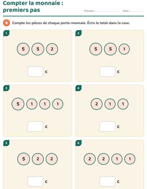 Aperçu de la fiche Compter la monnaie pour CP (cours préparatoire)