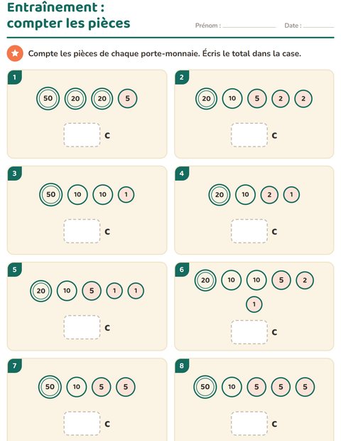 Aperçu de la fiche Compter la monnaie pour CP (cours préparatoire)