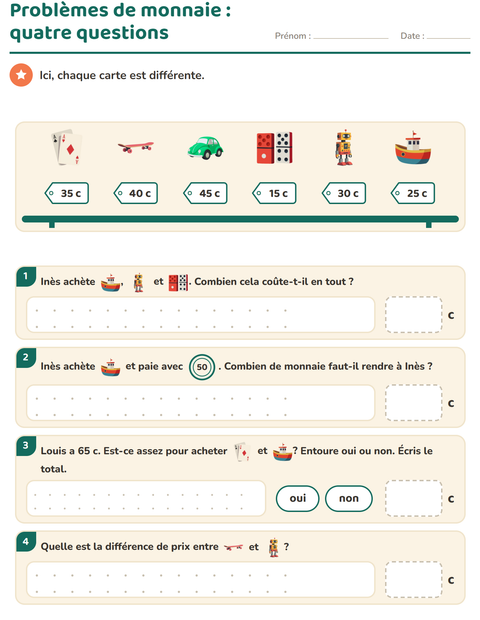 Aperçu de la fiche Compter la monnaie avec Jouets pour CE1 (cours élémentaire 1)