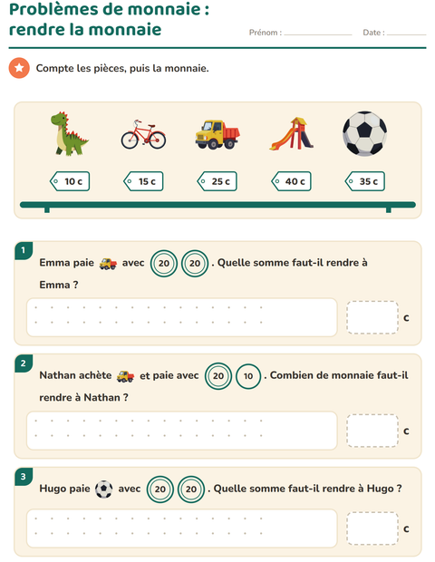 Aperçu de la fiche Compter la monnaie avec Jouets pour CE1 (cours élémentaire 1)