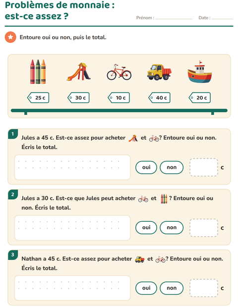 Aperçu de la fiche Compter la monnaie avec Jouets pour CE1 (cours élémentaire 1)