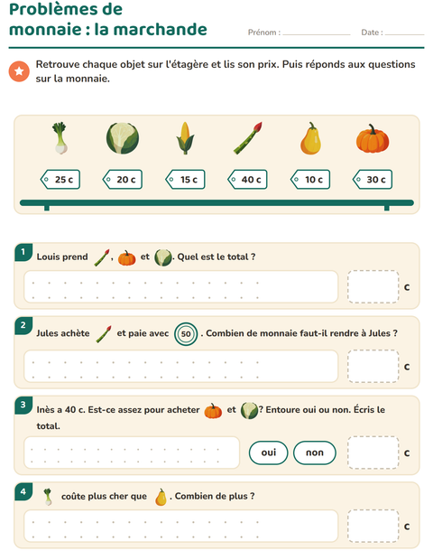 Aperçu de la fiche Compter la monnaie avec Légumes pour CE1 (cours élémentaire 1)
