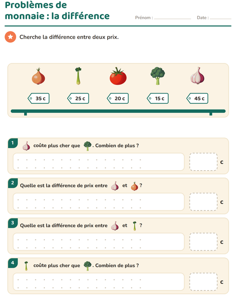 Aperçu de la fiche Compter la monnaie avec Légumes pour CE1 (cours élémentaire 1)